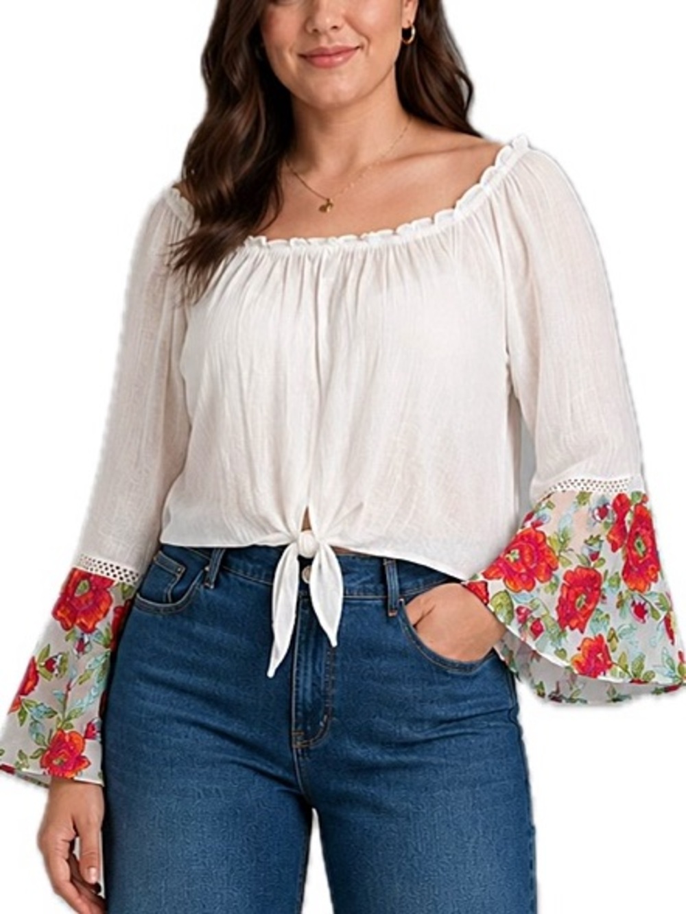 BCX Floral Embroidered Bell Sleeve Tie Front Top Size XL White Crinkled Blouse